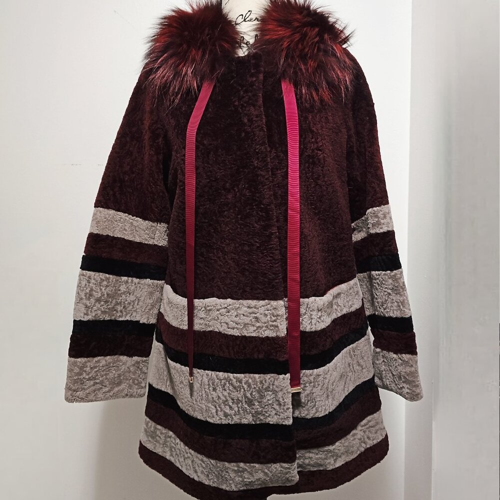 New Real Merino Sheepskin Shearling Lamb Fur Coat Jacket Burgundy Wine Red Tan S